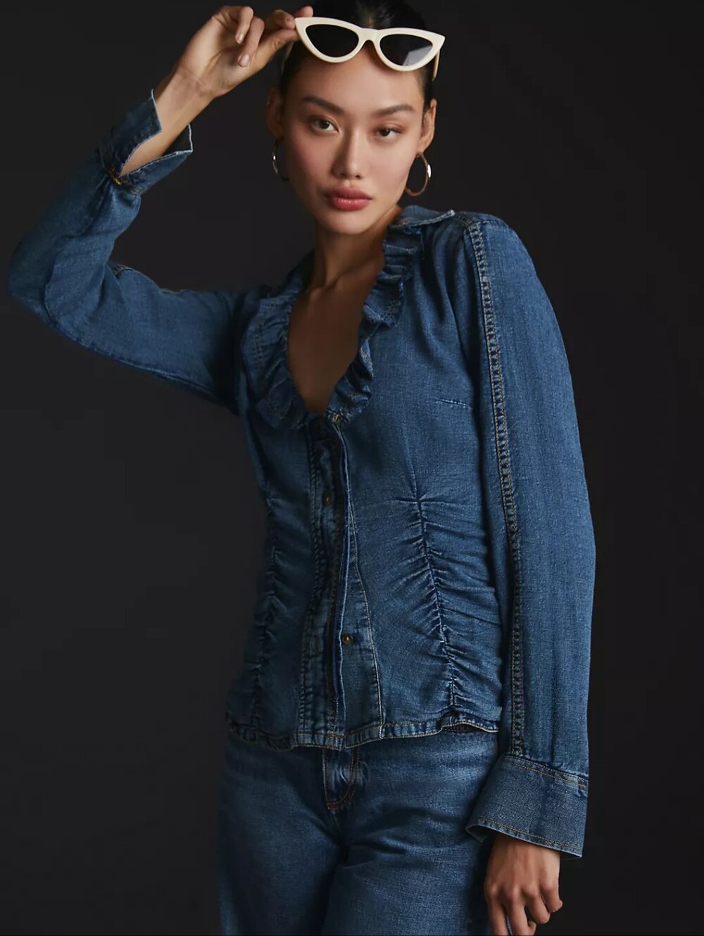 Pilcro Shirt Womens Blue Denim Collared Button Front Long Sleeve Ruched Top Sz M